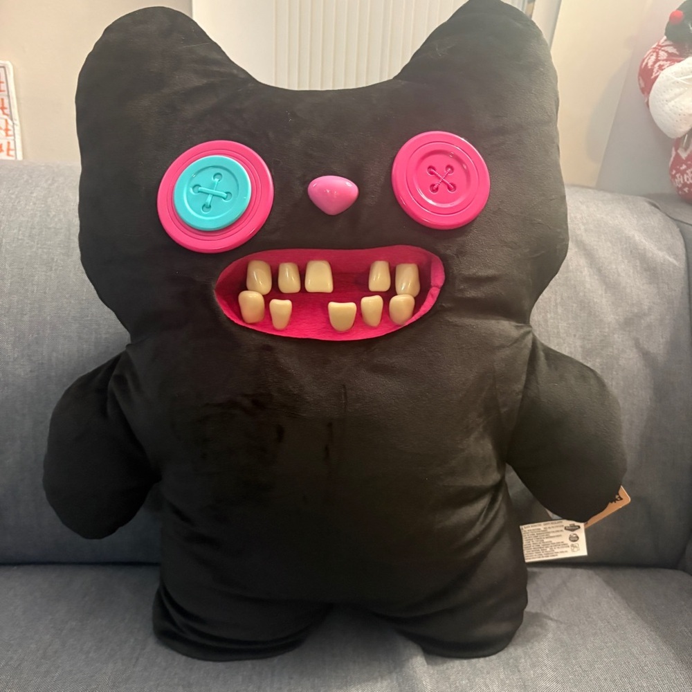 Fuggler Black Stuffed Monster with Pink and Blue Button Eyes